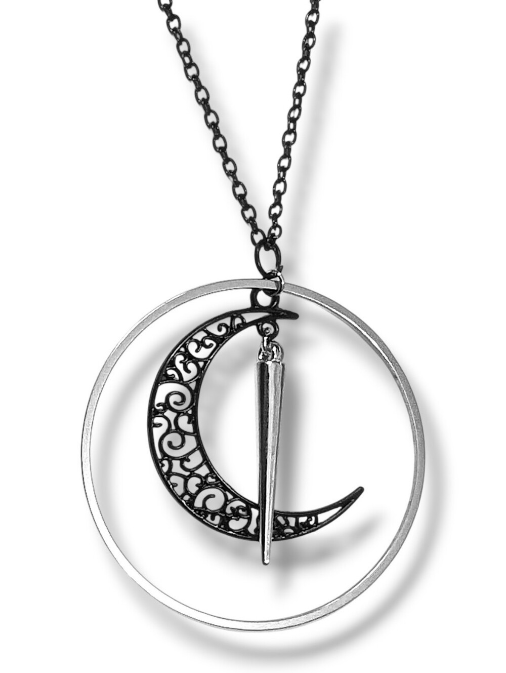 NWT Handmade Black Crescent Moon Silver Spike Hoop Long Layered Necklace
